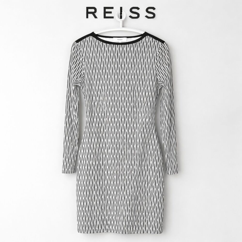 Reiss Black White Geometric‎ Dress Size 6 Textured Long Sleeve Sheath